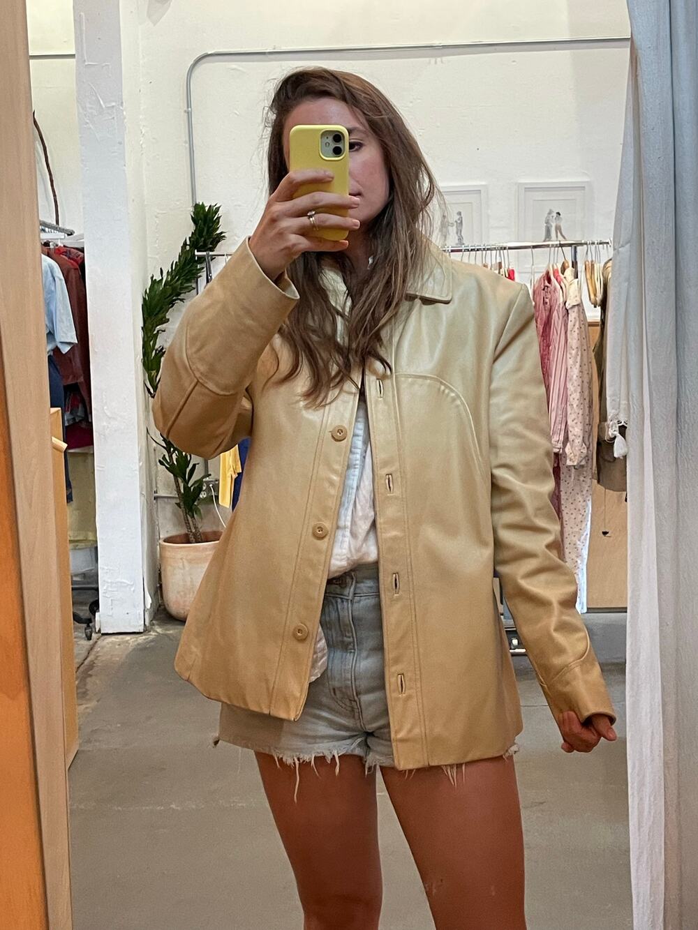 Cream Vintage Leather Jacket Mid Length